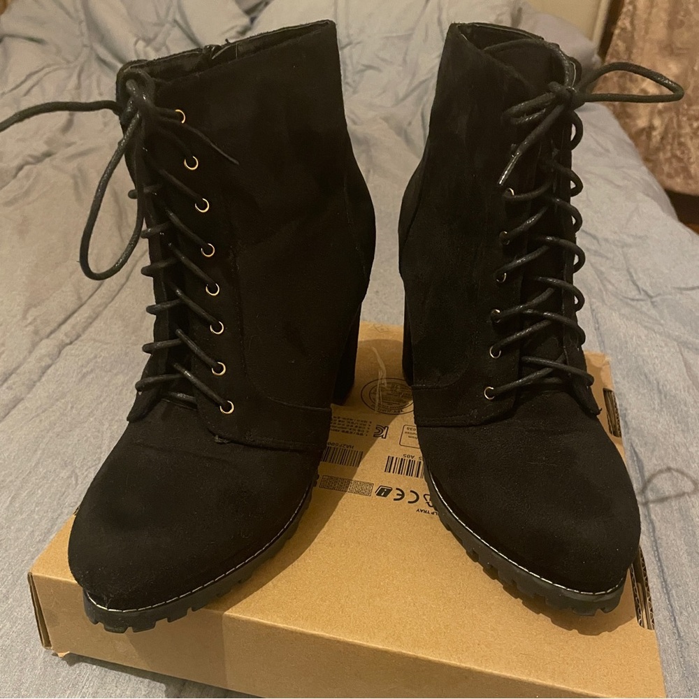 Lightly Used Black Suede Ankle High Heel Boots — Size 9
